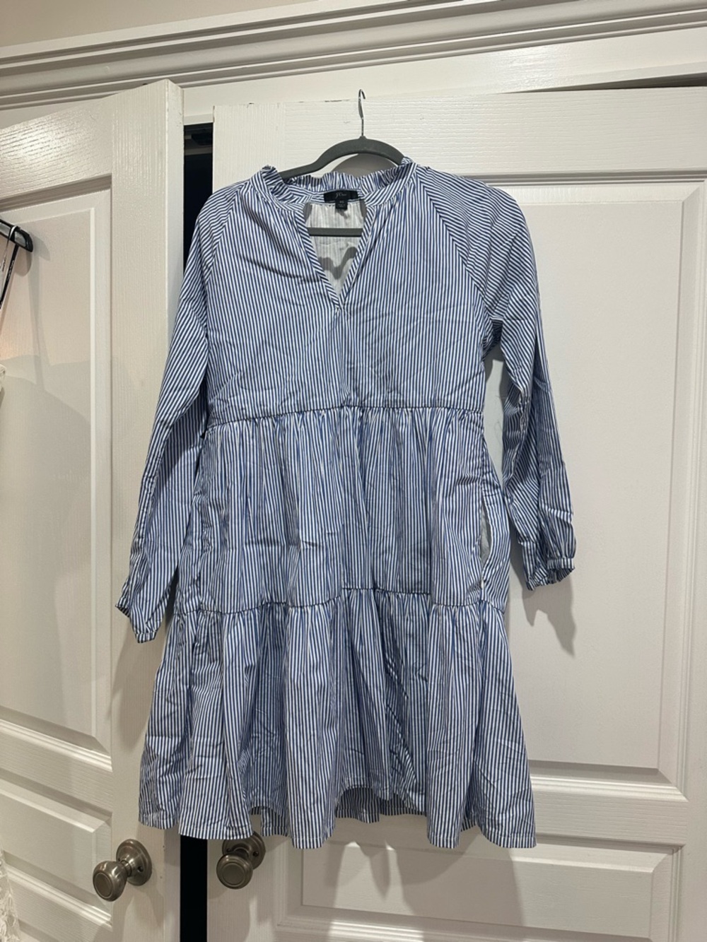 J. Crew Blue and White Striped Long Sleeve Tiered Dress